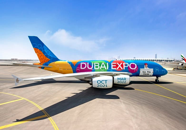 طيران الإمارات تنشر رسالة "إكسبو 2020 دبي" عالميا بكسوة كاملة لطائرتها A380 لأول مرة